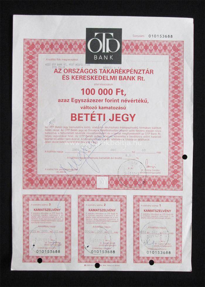 Országos Takarékpénztár (OTP) betéti jegy 100000 forint 2001